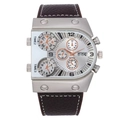 Fashion oversized dial quartz watch for men with triple time zone and brown leather strap - White Dial Dark Coffee Strap
