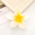 Dettaglio di un fermaglio per capelli a forma di plumeria bianca e gialla su un vassoio - Sfumato Bianco e Giallo
