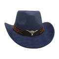 Ethnic dark blue suede cowboy hat with silver bull head buckle and wide brim detail - Navy Blue