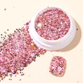 Roze holografische nagelglitter met zeshoekige pailletten in een ronde witte pot - Koreaanse grote pailletten #01