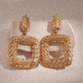 Vintage gold hollow geometric square earrings with wheat ear texture on white stone base - Gold (S925 Silver Pin)