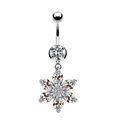 Vue détaillée du piercing de nombril argenté avec pendentif fleur en zircon sur blanc - Style de Fleur à Six Pétales (#13) / Double Disque Suspendu