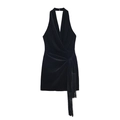 Sexy mini abito in velluto nero con scollo all'americana e dettagli di frange laterali - XS / Nero