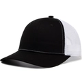 Classic black and white trucker hat with breathable mesh and curved brim in side view - Black + White
