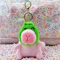 Plush capybara keychain wearing pink pig costume and green frog hat for bags - Frog Hat Pink + Gold Clip