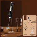Electric milk frother set in black with stand, USB cable and three whisk attachments - Three Heads with Stand / Electroplated Black