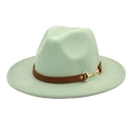 Detail of mint green wool fedora hat featuring brown leather band and gold metal buckle - Mint Green / M (56-58cm)