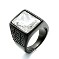 Men's black stainless steel ring with square clear zircon and meander pattern - Black White Gem
