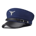 Close-up of navy blue military cap with silver bull head emblem and leather strap detail - Navy Blue With Bull Head