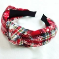 Red plaid Christmas headband with white snowflakes and central knot detail - Snowflake Tartan Red Plaid