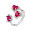 Anello aperto regolabile con tre pietre a cuore rosa e halo di diamanti in argento - Placcato Platino Zirconia Rosso Rosa