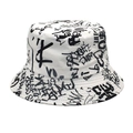 Close-up of the graffiti print and reinforced stitching on the white cotton bucket hat - White