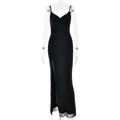 Elegante zwarte maxi-jurk met ruches, V-hals en hoge zijsplit voor damesmode in 2025 - S / Standaard / Zwart