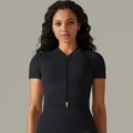 Seamless black rib-knit yoga top with zipper collar and slim fit for athletic wear - S / Tops / Solid Black