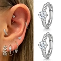 Silver twisted rope earring with round cubic zirconia stone for ear cartilage - CC042-1 / Platinum+8mm