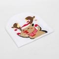 Close-up of white knit beanie featuring a cute cartoon reindeer with a red holiday hat - White-Scarf Reindeer Design (#8)