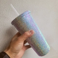 Large capacity double wall straw cup featuring iridescent rhinestones and laser fire effect - 601-700ml / AB Silver