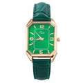 Fashionable women's rectangular quartz watch with green leather strap and rose gold case - Green