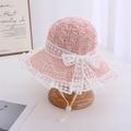 Pink woven sun hat for girls with white lace trim and bowknot detail on hat stand - 52-56CM / Pink