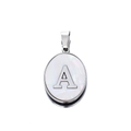 Macro view of oval stainless steel pendant with white mother-of-pearl and silver letter A - Steel Letter A