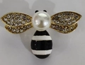 Golden bee brooch with white rhinestones, faux pearl head and black enamel stripes - Gold Large Pearl Bee Style 3