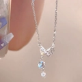 Silver butterfly necklace variant featuring two round clear zircon pendant drops - X1331 Silver - Butterfly Gem