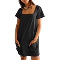 Detalle de vestido corto negro con escote cuadrado y bolsillos laterales funcionales - S / Negro