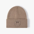 Khaki ribbed knit beanie with embroidered smiley face patch for a cozy winter look - One Size / Khaki
