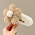 Barrette à cheveux fleur en peluche marron avec fausse fourrure et étiquette en cuir chic - Pince à Cheveux Fleur en Peluche Marron (3#) / 12cm