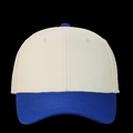 Detailed front view of a two-tone baseball cap in cream and navy blue cotton fabric - Beige + Blue
