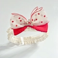 Detail of red polka dot lace baby headband with a sparkling gold crown accent - Crown R-Style / Red Polka Dots