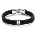 Detail of personalized black braided leather bracelet with engraved name Nadine on silver charm - 1 Name (Steel Buckle-2) / 19cm