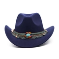 Dark blue wool felt cowboy hat with turquoise ethnic beaded band and gray tassels - One Size 58cm / Tassel Decor / Navy Blue