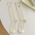 Cream white ribbed slouch socks with cute black bear and bow embroidery details - One Size / Milk White