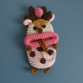 Pink handmade crochet reindeer key holder case with soft antlers and drawstring pull - Deer Sausage Mouth