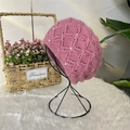 Pink chunky knit squirrel velvet beanie with white pearls and hollow crochet design - Pink