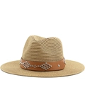 Klassischer Strohhut mit Vintage-Nietenlederband für Sonnenschutz im Freien - M (56-58cm) / Khaki