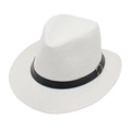 Ανδρικό ψάθινο καπέλο fedora με μαύρη δερμάτινη ζώνη και ασημένια αγκράφα για τον ήλιο - Λευκό