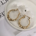 Close-up of golden bamboo-joint hoop earrings on an artistic ceramic display tray - Style D/Bamboo Joint