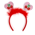 Pink sequin heart headband with red cherry patterns and feather trim for Valentine's Day - Style 21 Heart (Cherry Pattern + Feather)