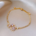 Gold plated vintage flower bracelet featuring purple heart cubic zirconia stones - 73# Gold Purple Flower Heart Style