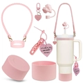 Pink silicone accessory set for tumbler featuring heart straw cover and handle strap - Pink Heart Silicone Set