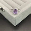 925 silver ring featuring an oval amethyst centerpiece with a classic halo diamond setting - Size 5 / Purple Crystal