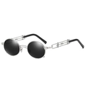 Occhiali da sole steampunk rotondi con montatura in argento e stanghette traforate - Montatura Argento Lente Grigia