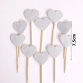 Set of 10 silver glitter heart-shaped cake toppers with 7.5cm wooden sticks for party decor - Silver Heart Topper