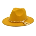 Detail of wool fedora hat featuring gold chain, white pearls, and tassel trim - M (56-58cm) / Yellow