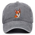 Détail de la broderie de chien Corgi de qualité sur une casquette en coton gris délavé - Taille unique / Gris