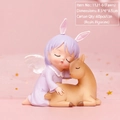 Resin angel girl ornament with purple hair and brown deer in a soft pink theme - 1121-6 Hugging Deer Purple