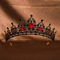 Elegant gold bridal crown with red teardrop gemstones and black accents on silk - Antique Red