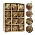 Brown flocked Christmas ball ornaments set with gold glitter and white bead details - 8cm / Set of 12 / Dark Brown